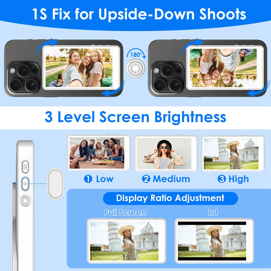 Vlog Selfie Monitor Screen Magnetic Rear Camera Phone Monitor Wireless Selfie Monitor Screen With 33FT Remote For Vlog Live Stream Compatible With IOS Android