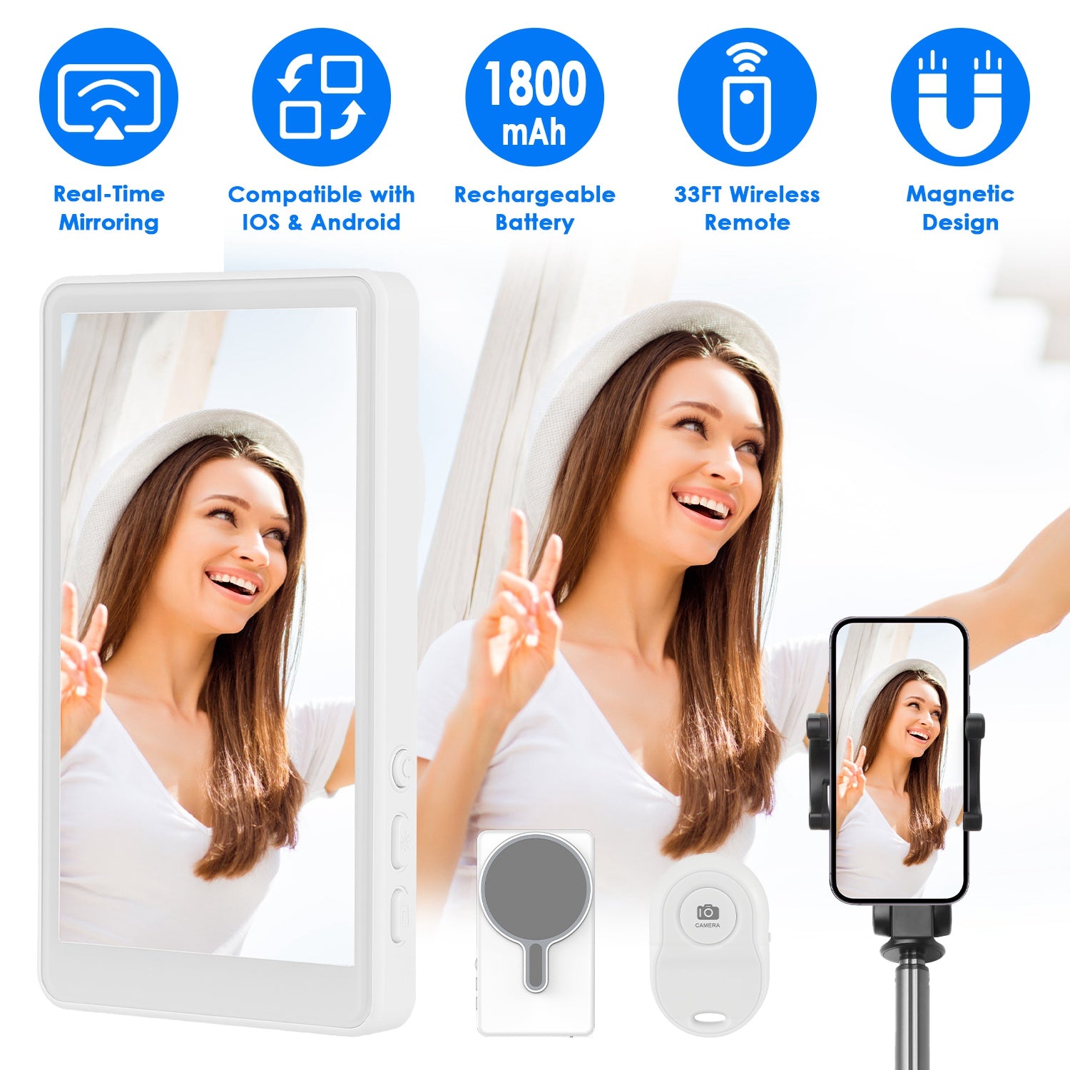 Vlog Selfie Monitor Screen Magnetic Rear Camera Phone Monitor Wireless Selfie Monitor Screen With 33FT Remote For Vlog Live Stream Compatible With IOS Android